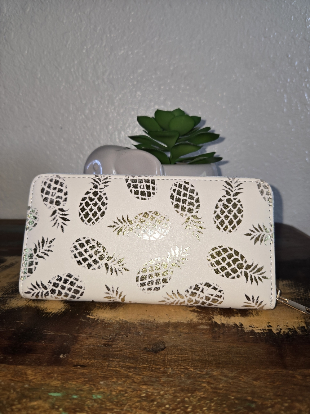 White Pineapple-Print Zip Wallet